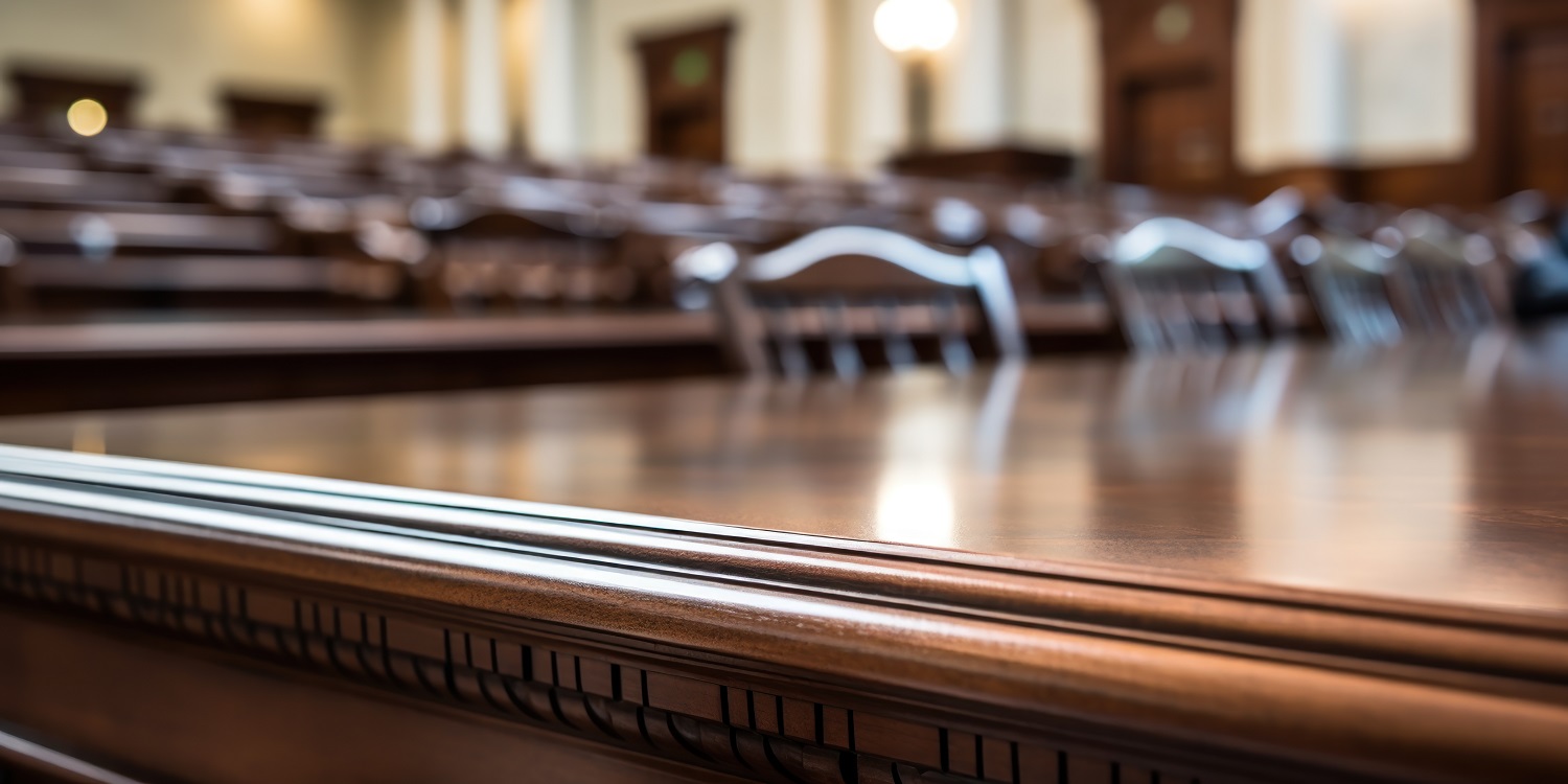 An empty courtroom with chairs and a deserted judge's table.
